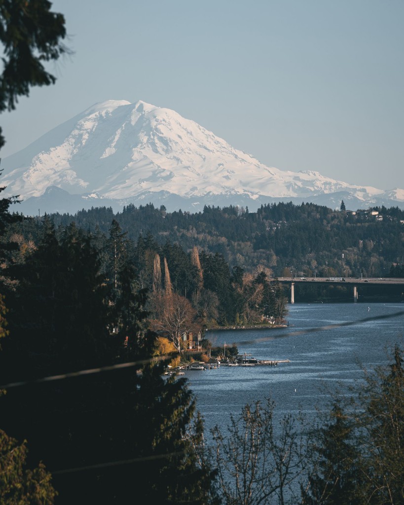 Lake and shoreline views with Mount Rainier near Bonney Lake, WA
